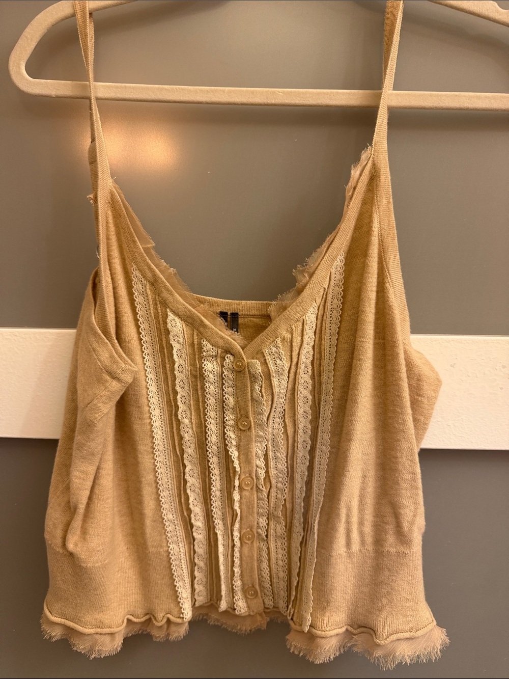 Anthropologie Tan Lace-Trim Button Cami